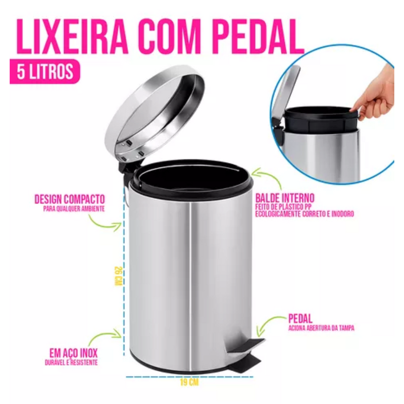 Lixeira Inox 5L com Escova Sanitária 990011