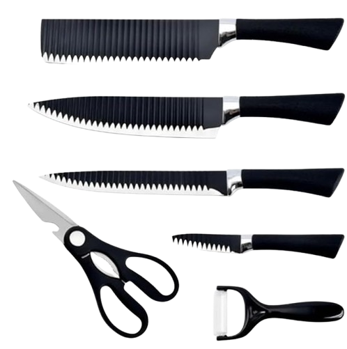 Conjunto Jogo Facas Do Chef Profissional 6 Peças Churrasco Cozinha Peças Aço Inox Super Afiadas Cor Preto Premium